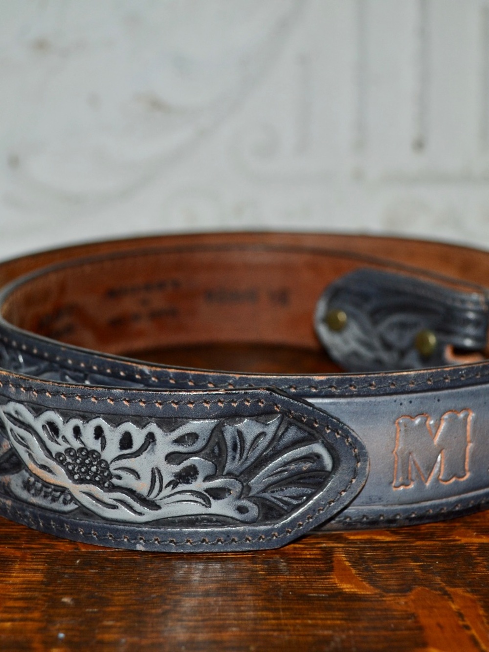 Share Vintage Leegin Gray Tooled Leather Belt w/Silver Accents "Mark" Western Co